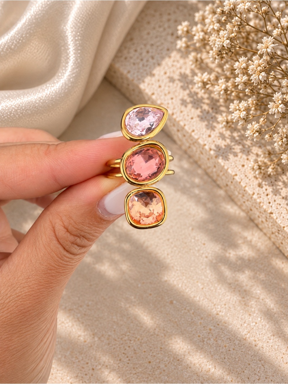 Beautiful Gold Ring with Pink, Lilac Gemstone Trio